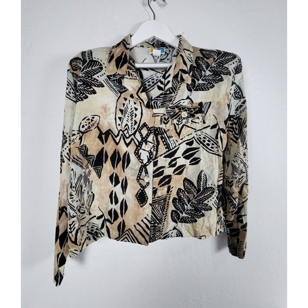 Sea Suns Womens Black & Beige Abstract Print Button-Up Shirt Top XL Lightweight